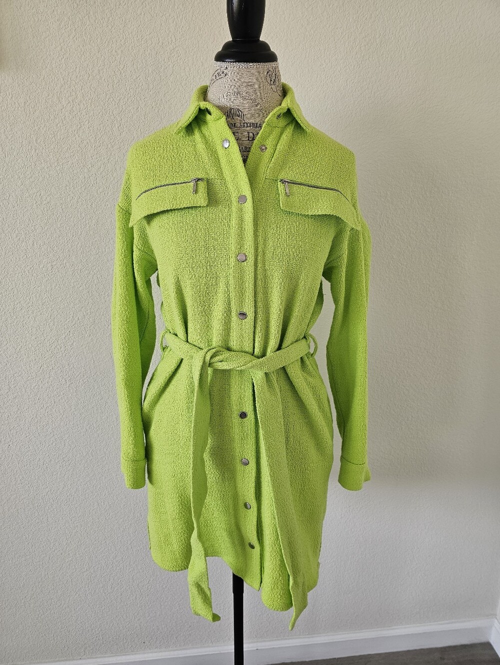 MOHITO Lime Green Textured Bouclé Tweed Shirt Dress Snap Front Belted EU 32 XXS